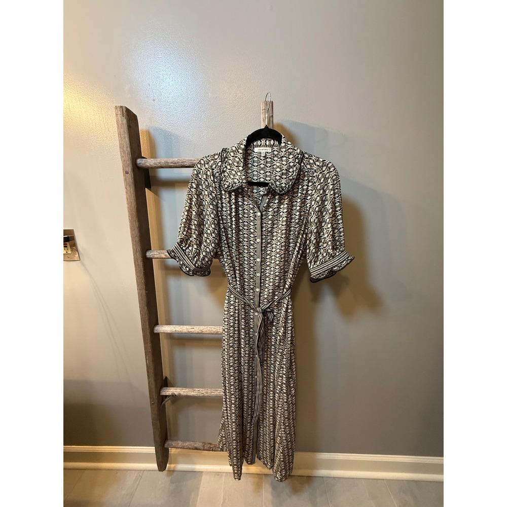 Max Studio Womens Puff Sleeve Chiffon Midi belted Shirtdress, Black Beige Size M - Picture 3 of 13